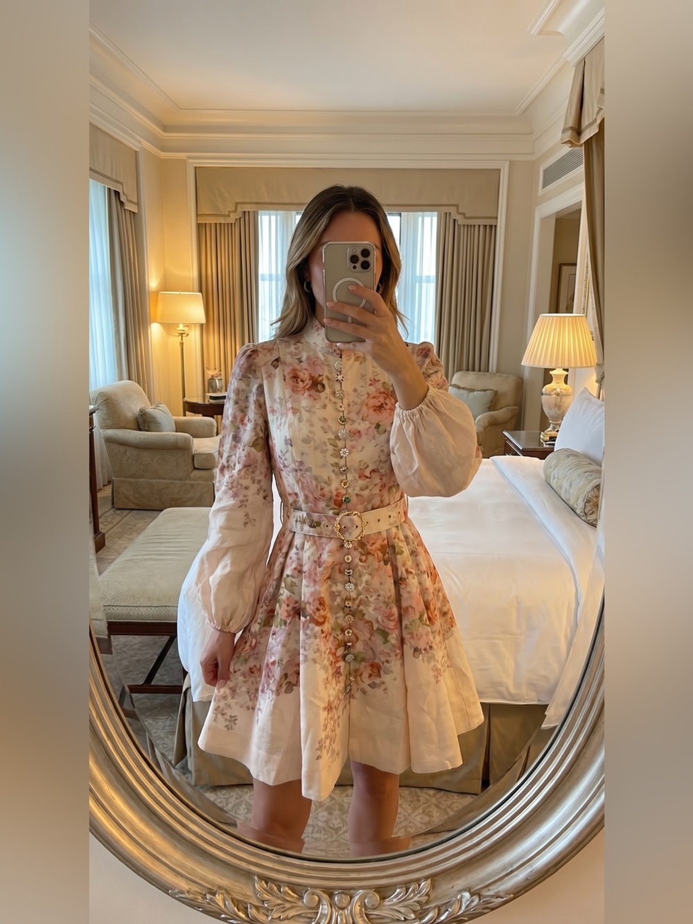 Floral Puff-Sleeve Mini Dress in Blush Small